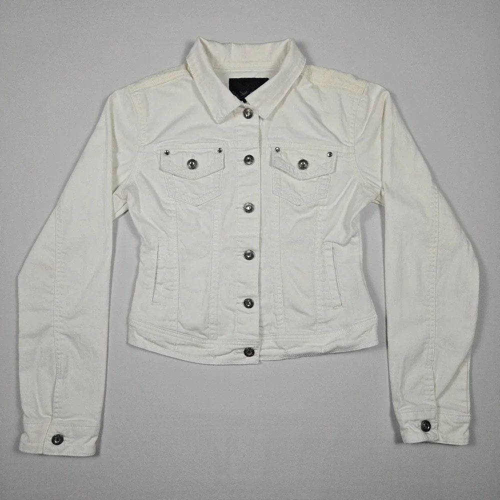Daytrip White Denim Jacket M Rhinestone Lace Back‎ Trucker Western Glam Coquette
